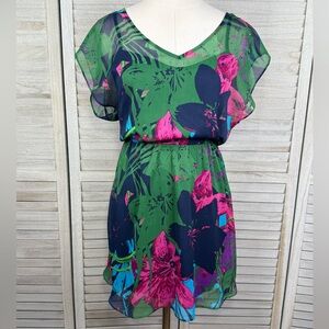 EXPRESS Cami Style Mini Dress with Sheer Tropical Print Overlay Green/Floral-XS